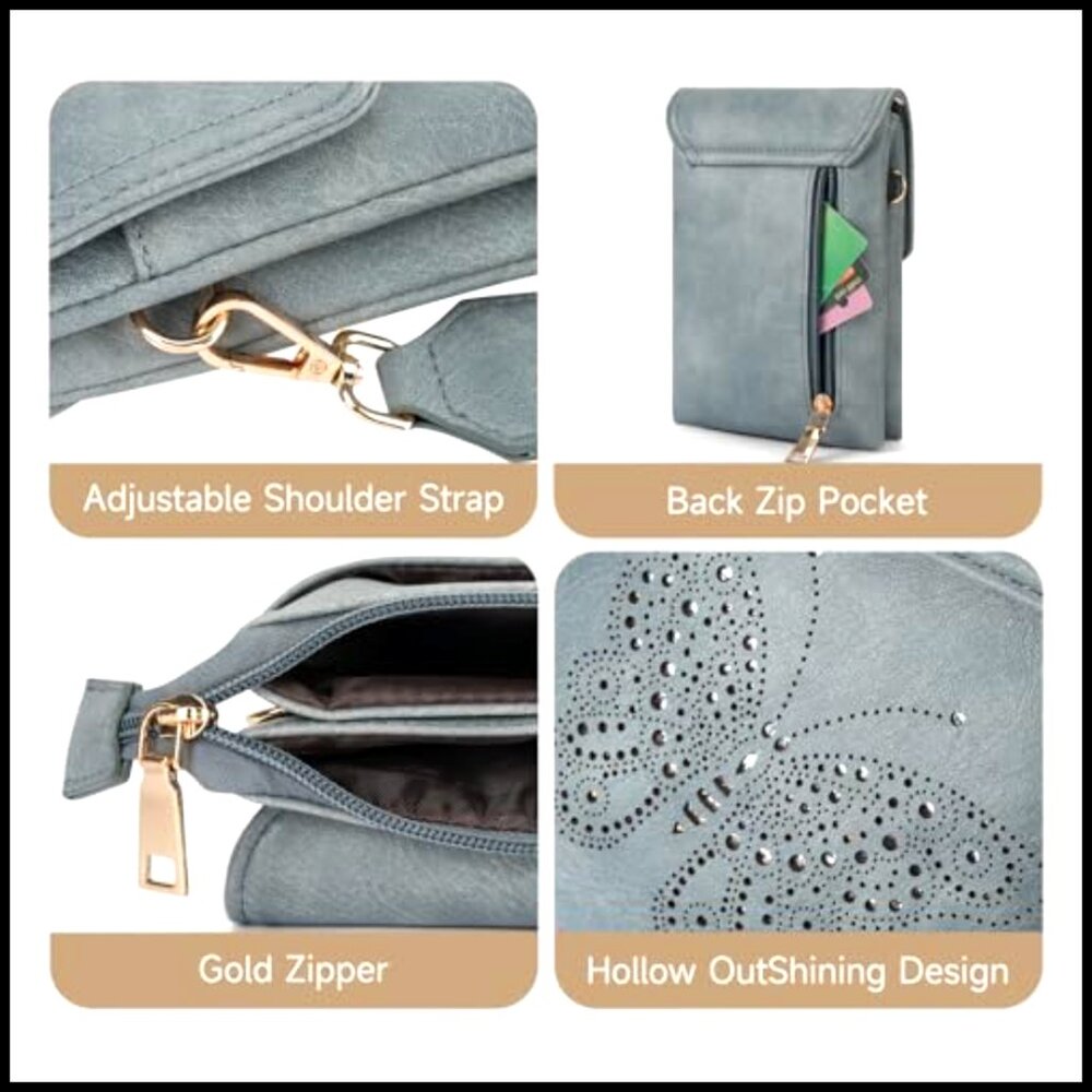 Vegan Leather Crossbody Bag with Triple Pockets, Adjustable Strap, Butterfly - Picture 5 of 7